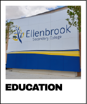 Ellenbrook Secondary College sign outdoors with tree and sky in background.