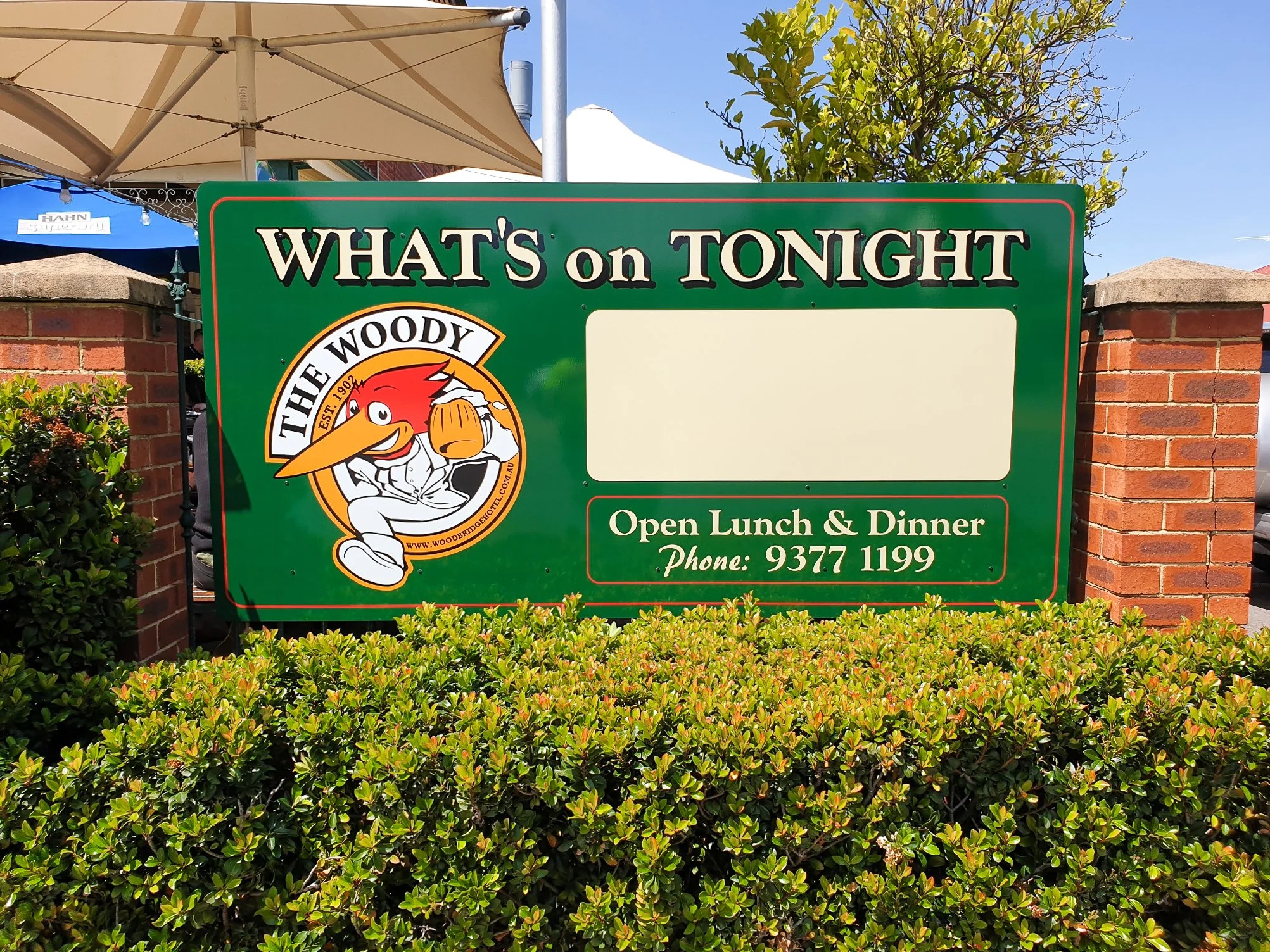 Restaurant sign with the text 'WHAT'S on TONIGHT,' featuring a cartoon character of a bird holding a beer mug, advertising open lunch and dinner, with a phone number, situated outdoors among shrubs. Commercial hospitality business signage and brandin