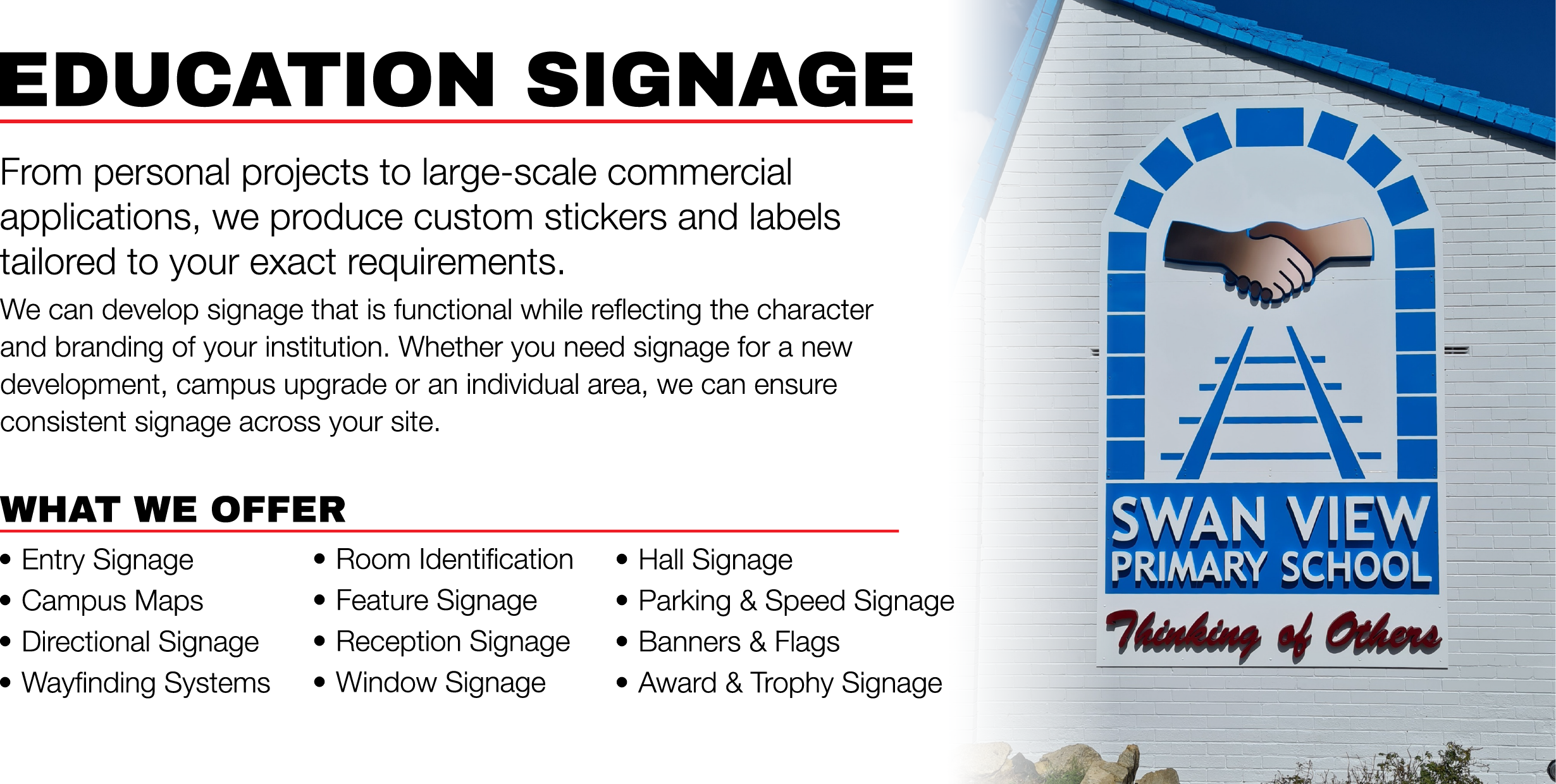 Sign for Swan View Primary School with a handshake and railway tracks logo, and signage information promoting custom signage services.