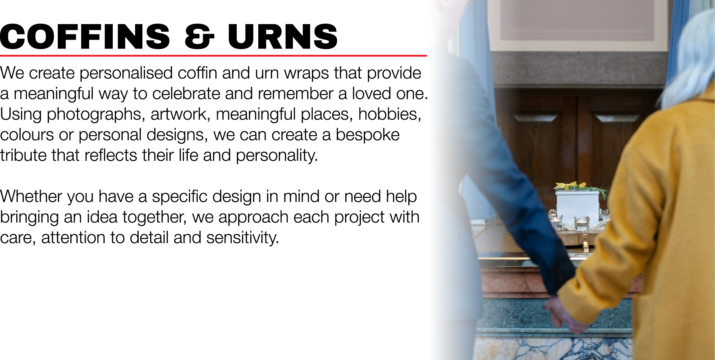 Text on a website for a service creating personalized coffins and urns, with a background image of a person in a yellow jacket and another in a blue jacket standing near a jewelry display case in a store or show room.