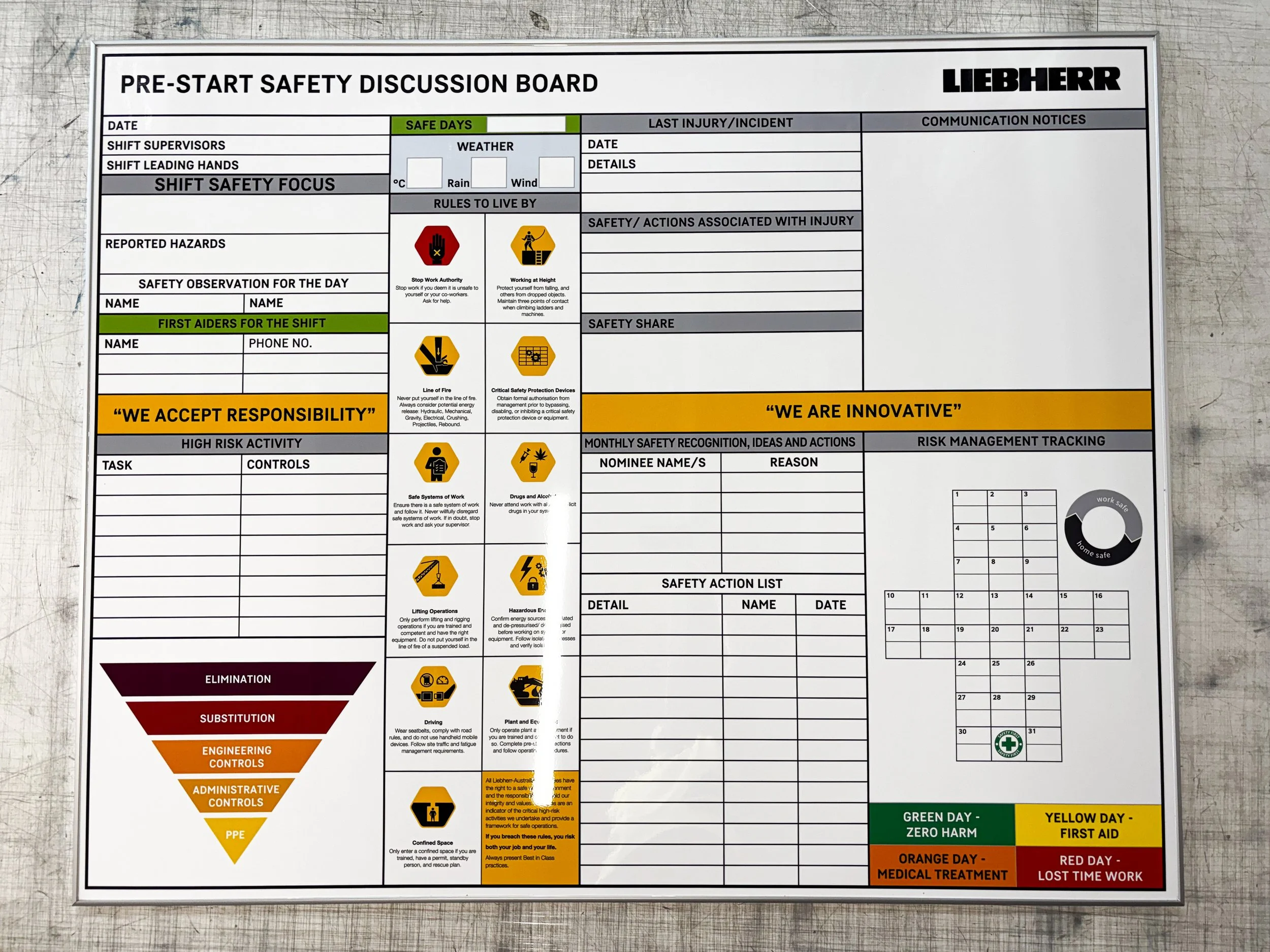 A safety discussion board with sections for daily safety topics, hazards, rules, and emergency procedures, featuring symbols for safety rules and color-coded safety days. Custom Whiteboard Signage. Perth Whiteboards. Custom Signage. Western Australia