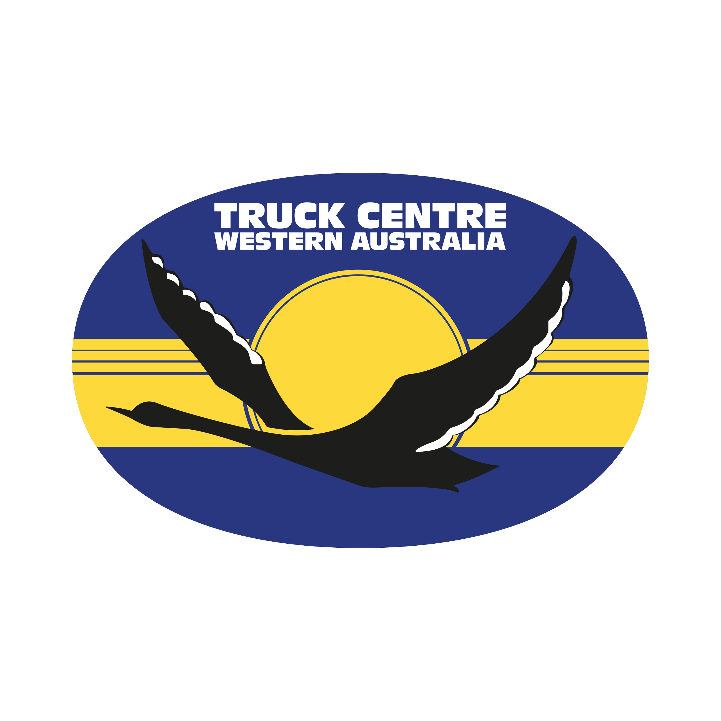 Logo of Truck Centre Western Australia with a circular blue background, a yellow sun, and black and swan with wings.