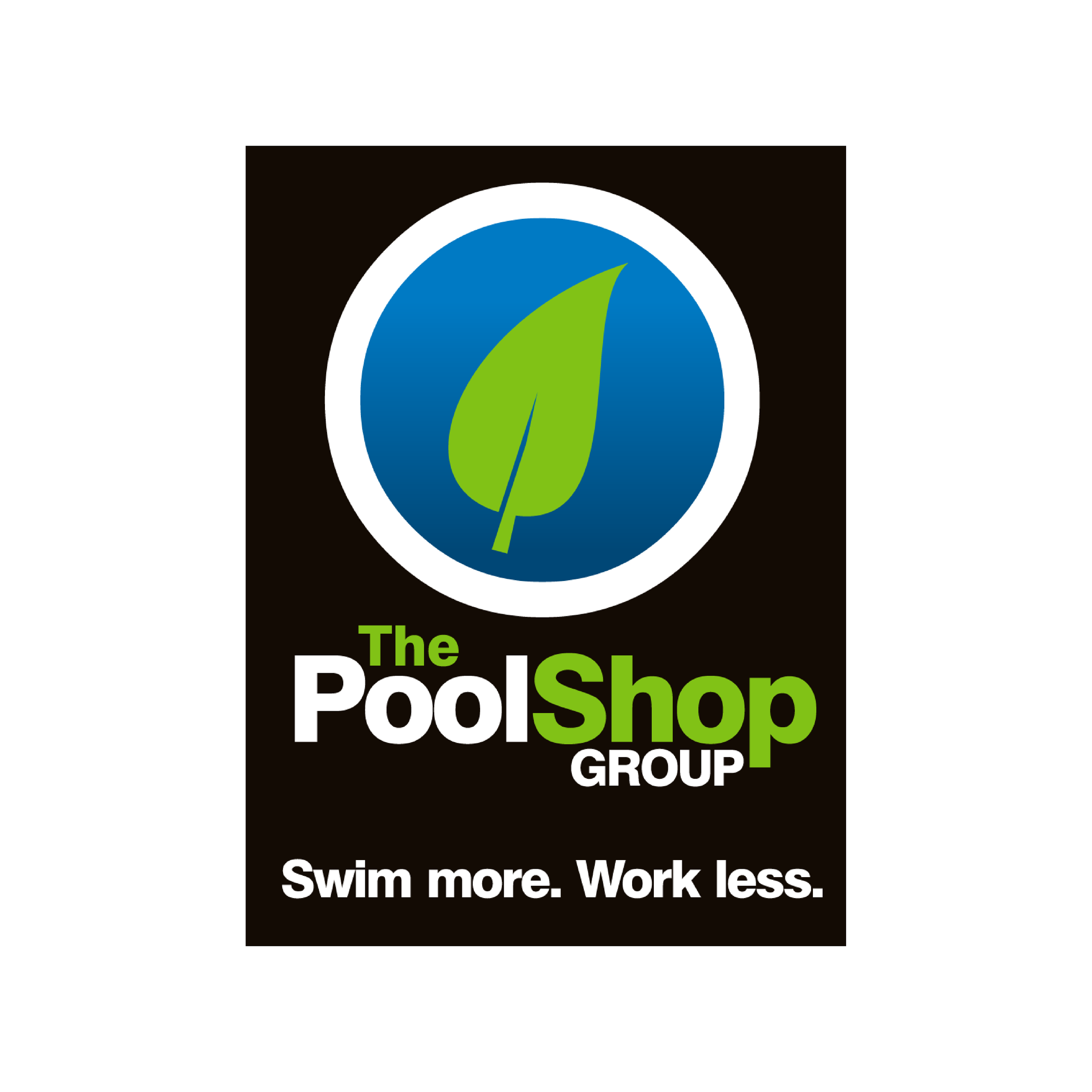 Logo for The Pool Shop Group featuring a stylized green leaf within a blue circle, with the text "The Pool Shop Group" and the tagline "Swim more. Work less."