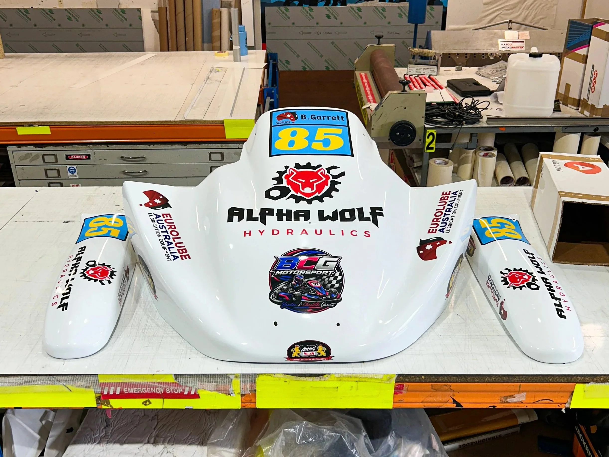 Racing Go-Kart front and side panels with sponsor stickers.