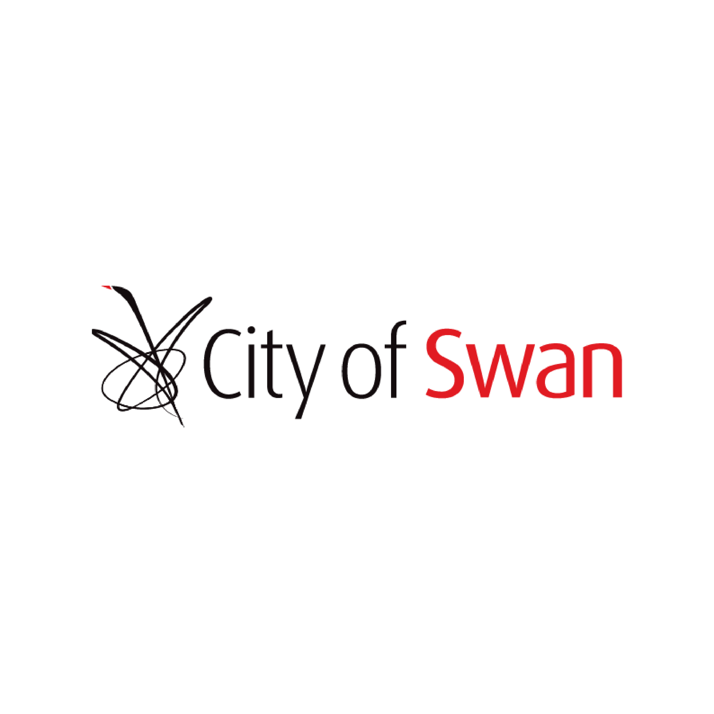 The logo for City of Swans, featuring black script text and a black silhouette of a swan with a red beak.