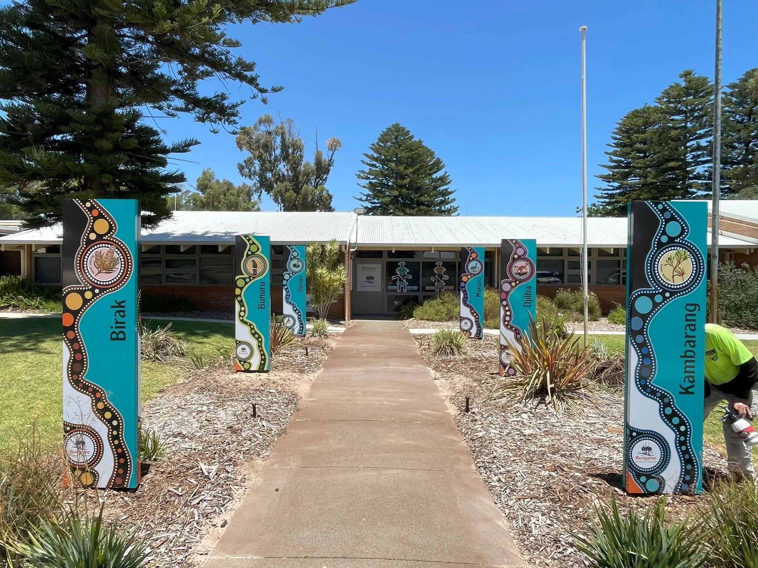 Pathway entrance, flanked by colorful signs with Aboriginal art patterns and names of Aboriginal groups at 9 Centaurus St, Rockingham WA 6168. Rockingham Education Signage. Rockingham Walkway Signage. Rockingham Aboriginal Signs. Rockingham Signage