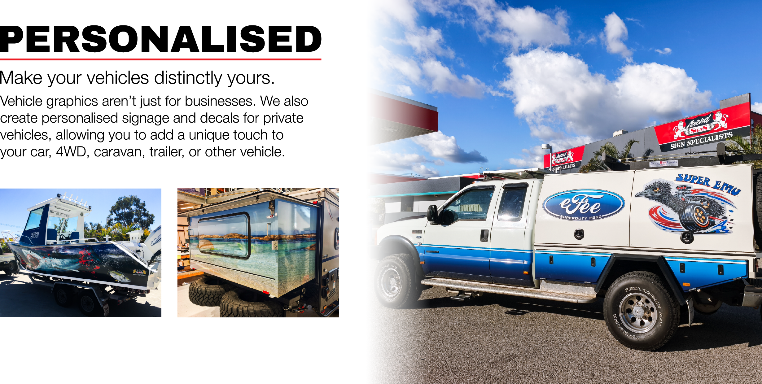 A promotional image for vehicle personalized graphics and signage showing a white truck with graphics, and three images of customized vehicles including a boat, a camper, and a trailer all with custom personalised wraps and decals