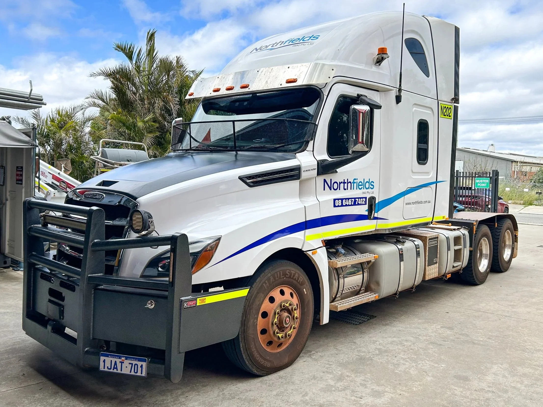 A semi-truck fitted with Northfields Contracting Logo and large decals in Perth, WA. Truck Signage Perth, WA. High Vis Striping Perth. Vehicle Branding Perth. Truck Branding Perth. Custom Truck Decals Perth. Bassendean Signage. Bassendean Branding