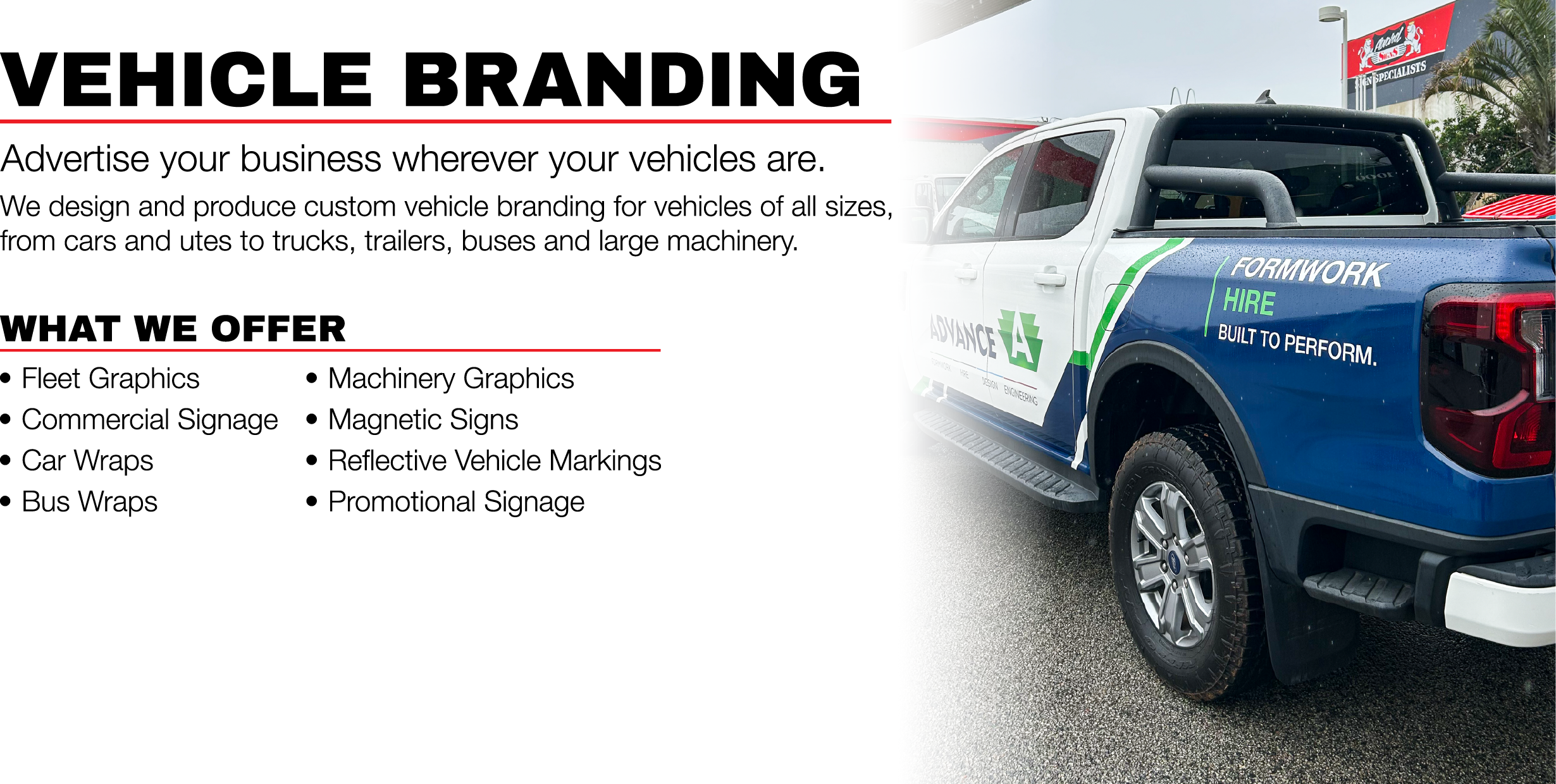 A dual-toned advertisement for vehicle branding services with a white and blue pickup truck parked outdoors. The sign highlights services such as fleet graphics, car wraps, bus wraps, machinery graphics, magnetic signs, reflective vehicle markings, and promotional signage.