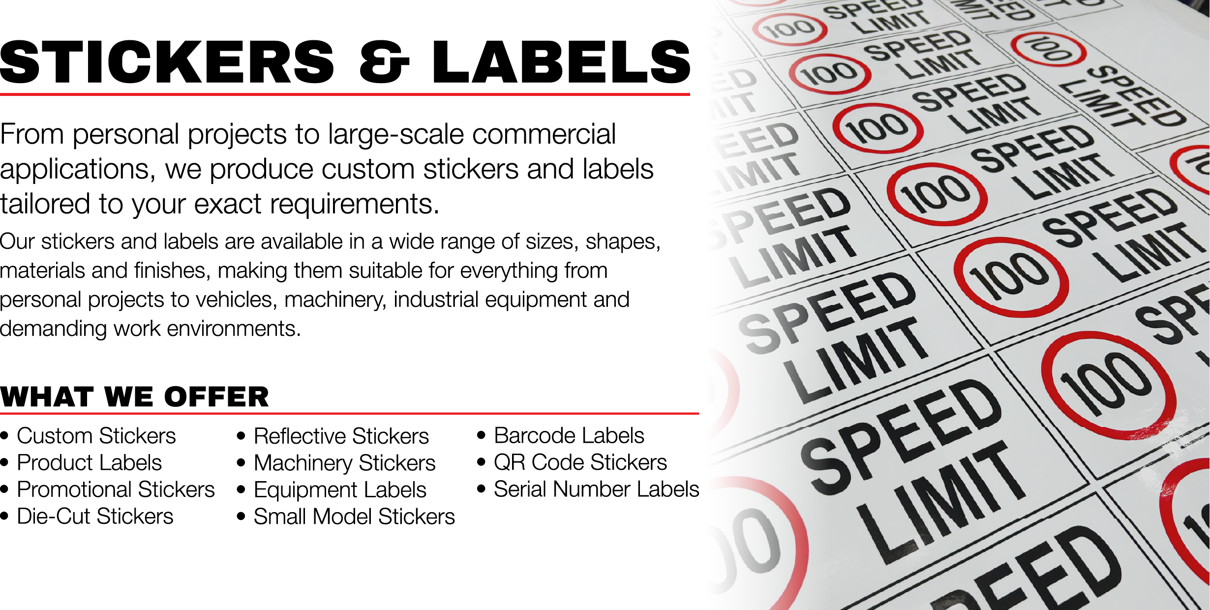 A poster advertising custom stickers and labels including product labels, promotional stickers, die-cut stickers, reflective stickers, machinery stickers, equipment labels, barcode labels, QR code stickers, serial number labels, and small model stickers. The right side shows sheets of stickers with a red circle around the number 100 and the words 'SPEED LIMIT'.