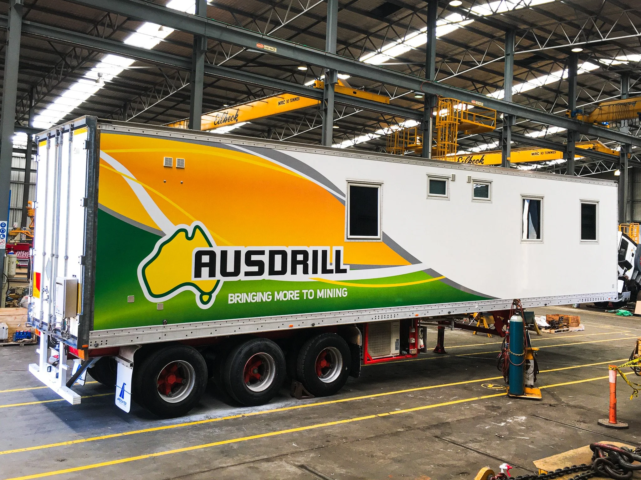 A large portable room trailer fitted with Ausdrill Decals. Vehicle Branding Perth. Trailer Signage Perth. Trailer Decals Perth. Truck Trailer Decals Perth. Western Australia Vehicle branding. Kewdale Vehicle Signage. Kewdale Trailer Decals