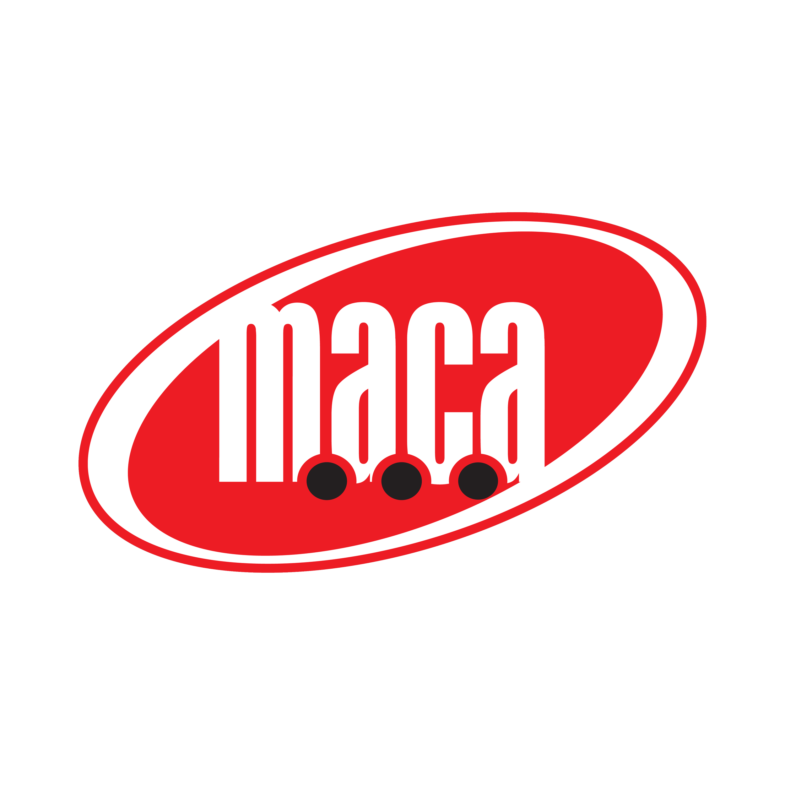 Close-up of a red, oval-shaped logo with a white border containing the name MACA