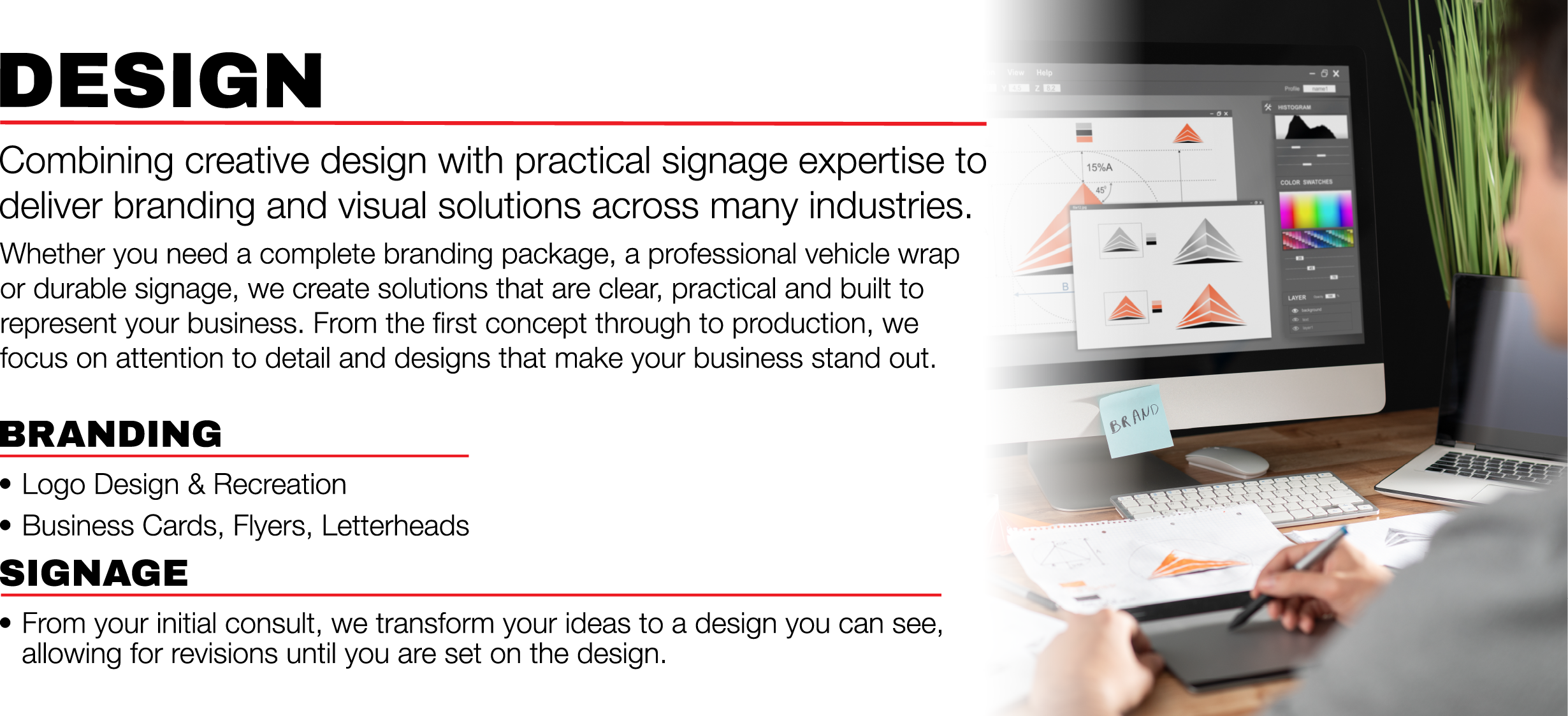 A digital graphic design or marketing section with text and a photo of a workspace featuring a computer monitor displaying graphic design software, a laptop, a notepad, and a person using a tablet stylus in the foreground.