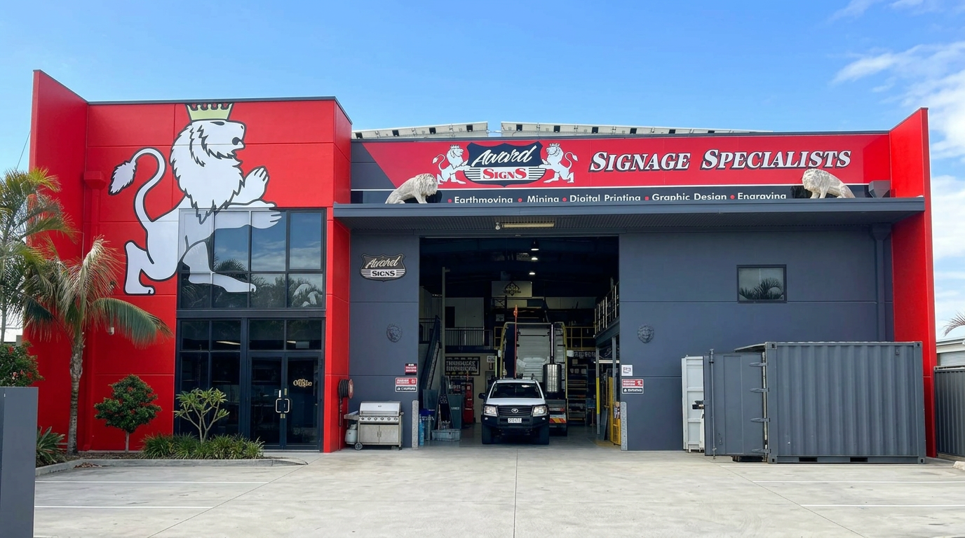 A modern sign company building with a large lion logo on the left, topped with a crown, and a separate sign on the right reading "Signage Specialists". There are decorative lion statues on the roof. The building is painted red and gray, with a logo reading "Award Signs" and additional text listing services like earthmoving, mining, digital printing, graphic design, and enarving. The open garage in the middle has a vehicle inside and various signage supplies.