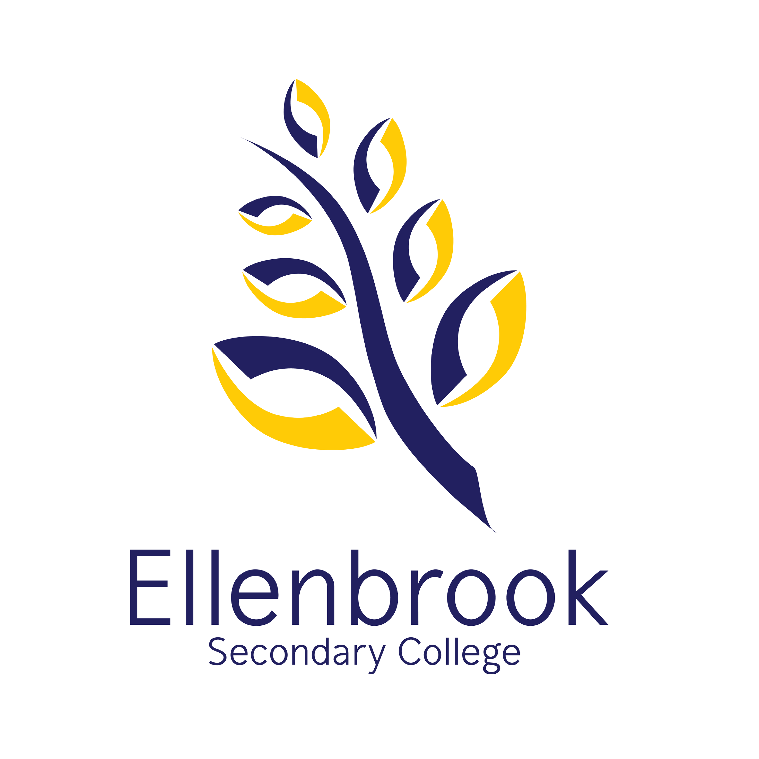 Logo of Ellenbrook Secondary College with a stylized plant design in yellow and navy blue above the college name.