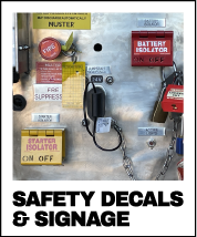Electrical panel with various components including a battery isolator switch, fuse, wires, and labels for battery isolator, fuse, and battery cut-off and their respective engraved safety tags and safety decals.