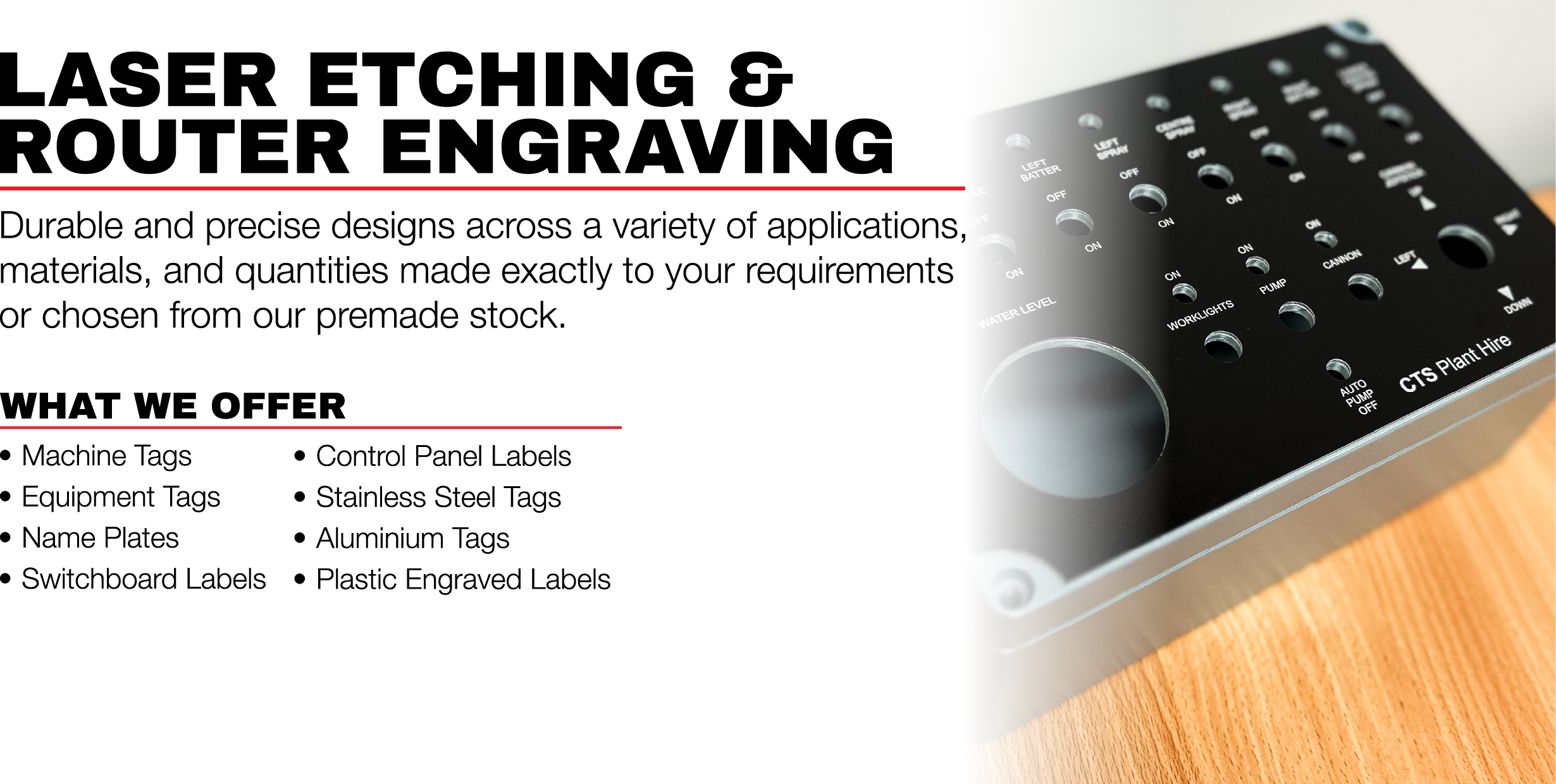 A section advertising laser etching and router engraving services, showing part of a custom control panel with switches and labels.