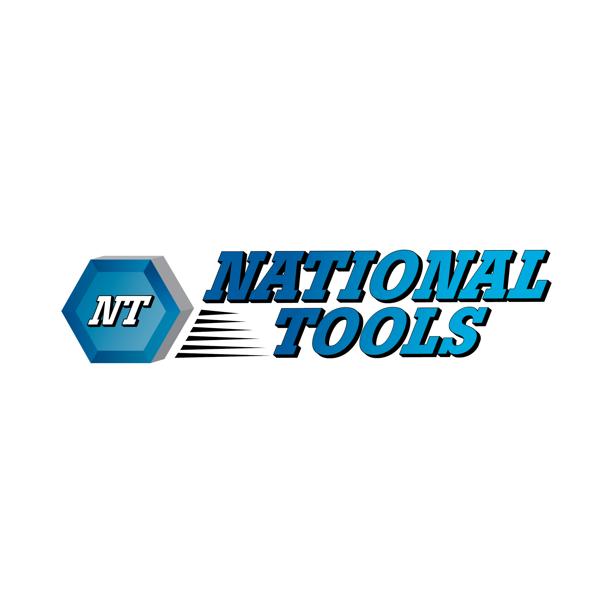 Logo for National Tools, featuring a blue hexagon with a white star inside and bold blue text reading 'NATIONAL TOOLS'.