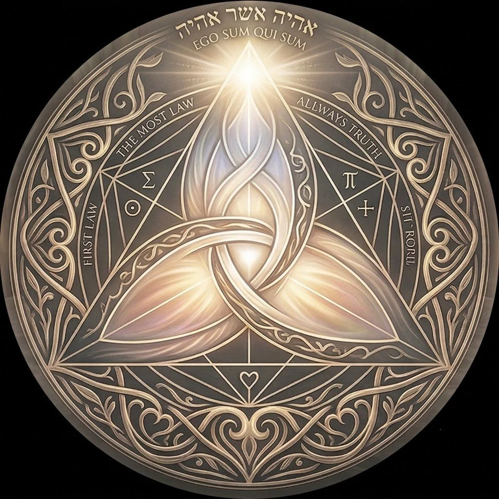 Decorative circular design featuring a central flame surrounded by intricate patterns, geometric shapes, and symbols. There are inscriptions in Hebrew and English, including phrases like "Ego Sum Qui Sum," "First Law," "Always Truth," The design has a luminous quality with a glowing light at the top center.