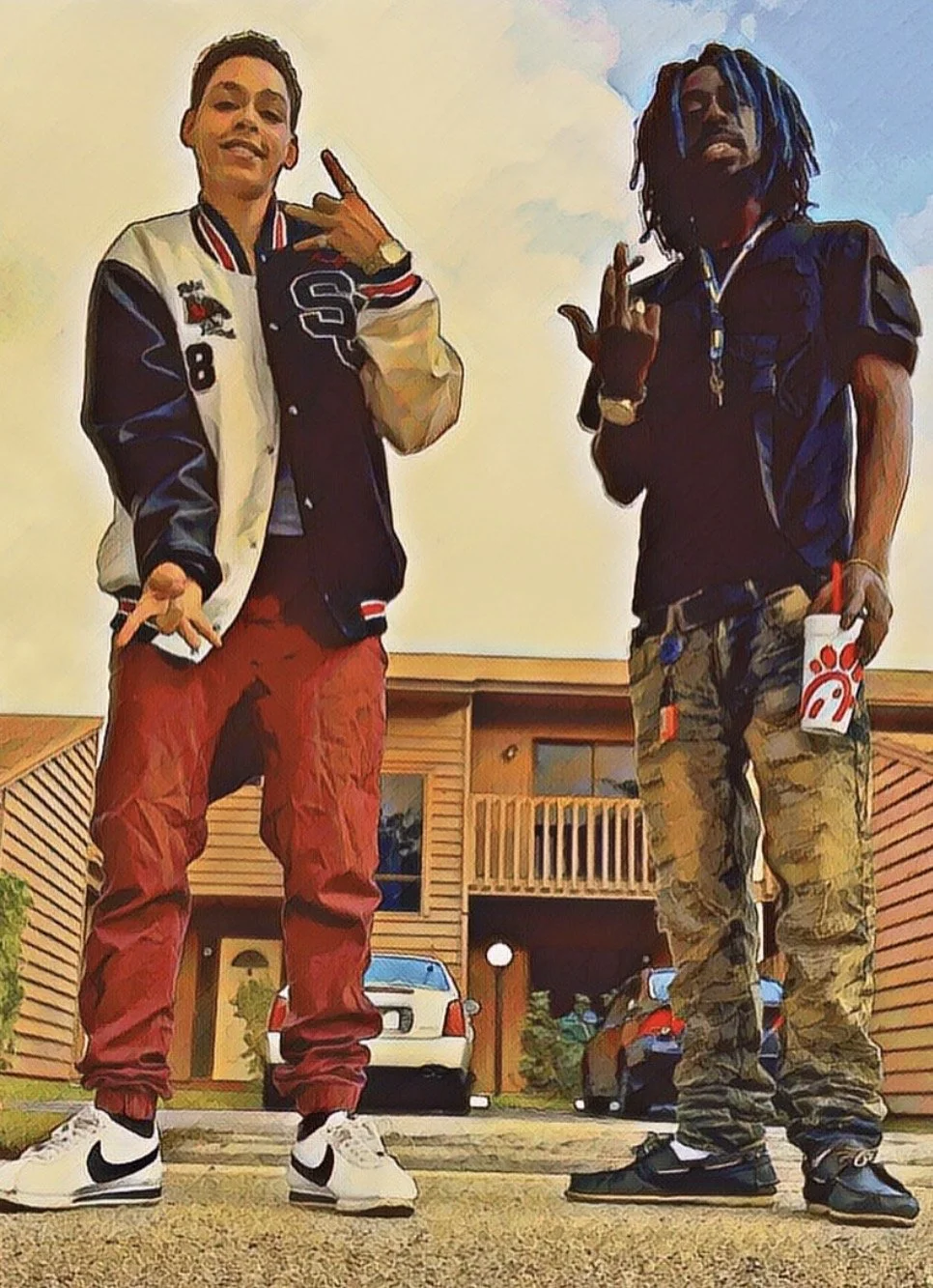 Two young men standing outside a residential apartment complex, making hand gestures and holding drinks. One is dressed in a varsity jacket, red pants, and white Nike sneakers, while the other wears a black T-shirt, camouflage pants, and carrying a Chick-fil-A cup.