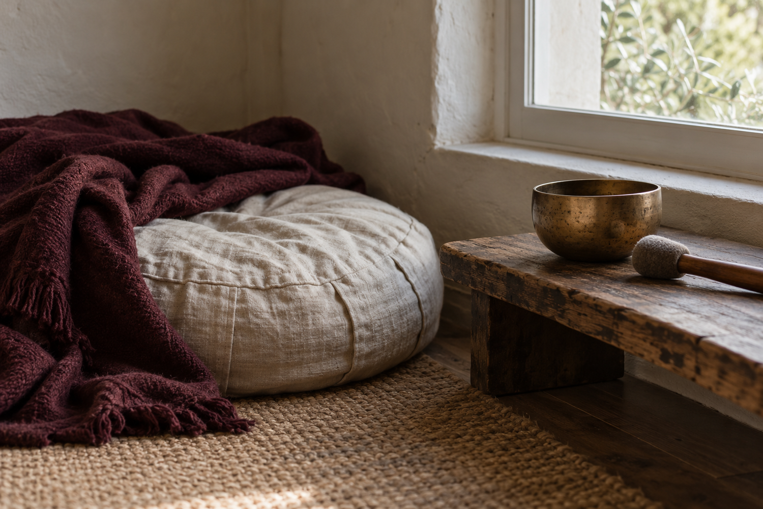 Cream linen cushion, burgundy fabric and a bronze singing bowl beside a window