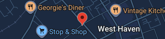 Map showing West Haven with icons for Georgie's Diner, Vintage Kitchen, and a Stop & Shop supermarket.