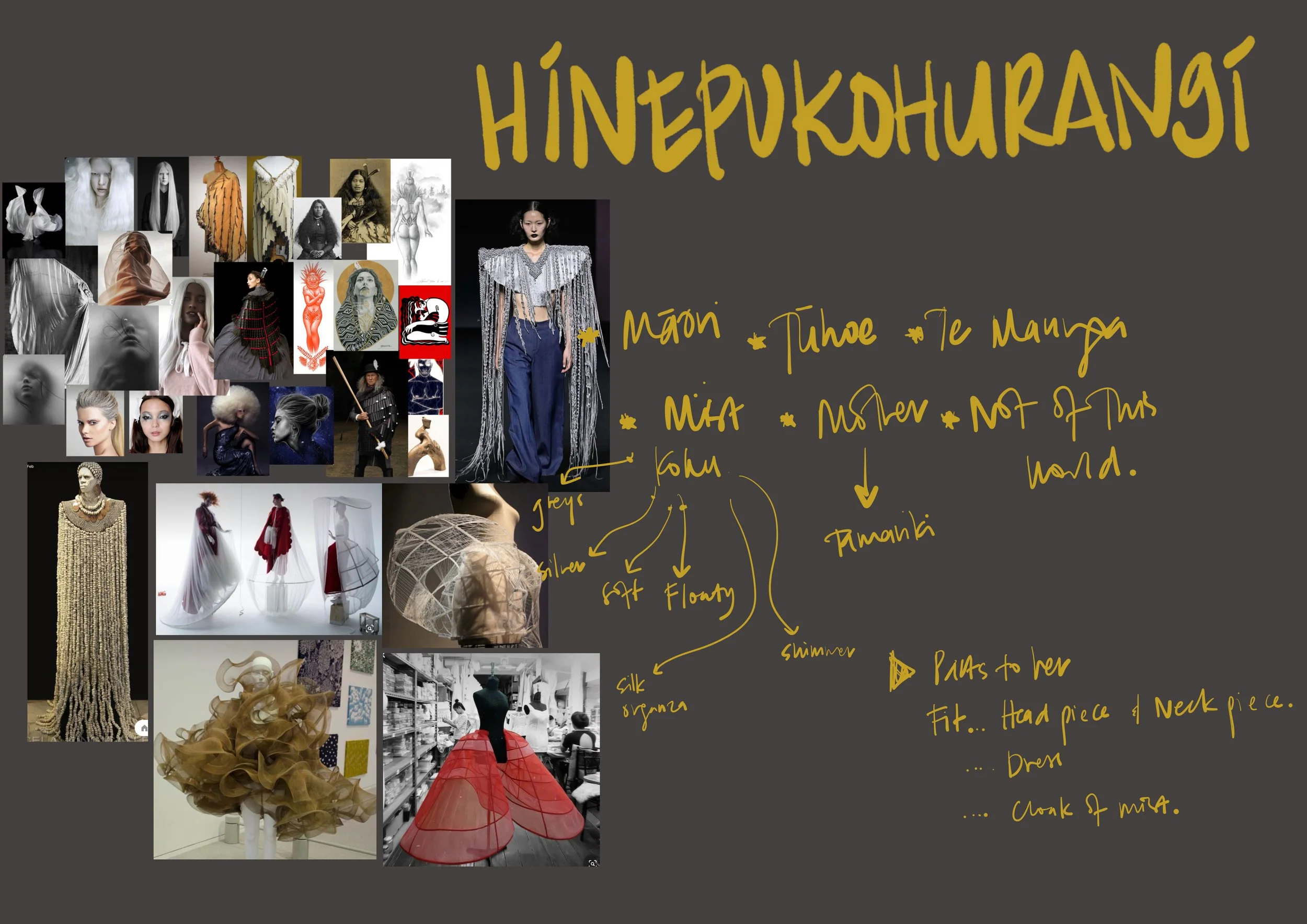 Image: Mood board for a creation I made representing Hinepūkohurangi. One of my many reflections about pūrakau.