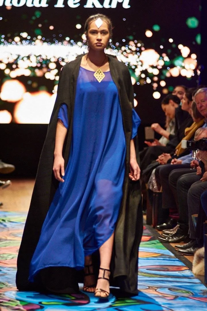Image: Model at Miromoda fashion show, Pataka, Porirua, 2017. Matariki.. as kākahu. Representing embodied knowledge.