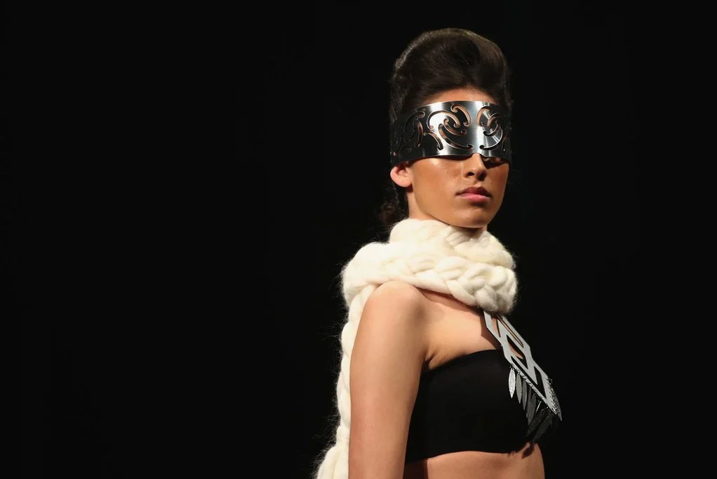 Image: Model wearing one of my HInepūkohurangi looks at NZFW 2018. Pūrakau embodied in kākahu and fashion. 