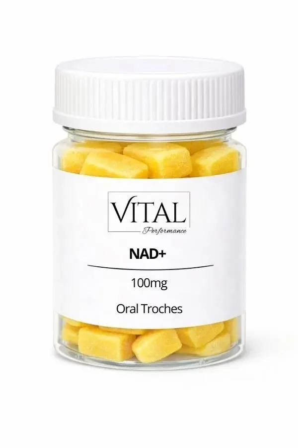 A clear jar containing yellow oral troches labeled as VITAL NAD+ 100mg.