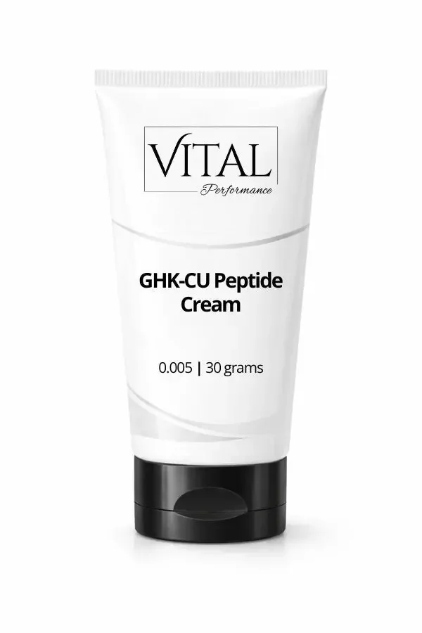 A white tube of Vital Performance GHK-CU Peptide Cream with a black cap, labeled with product details including weight of 30 grams.
