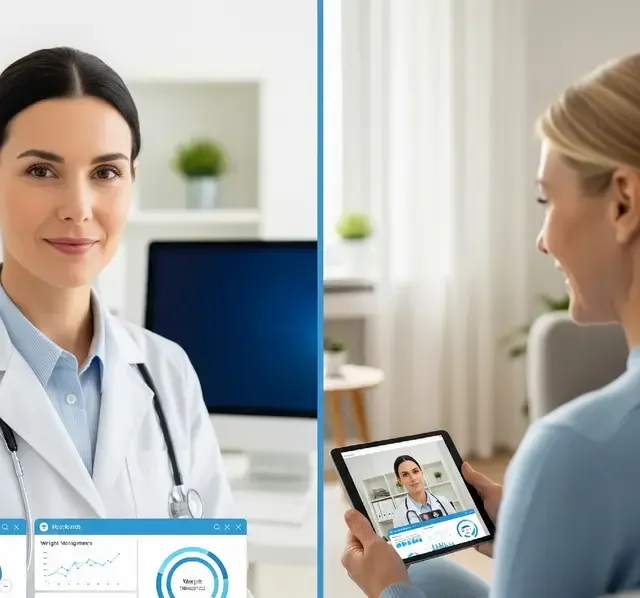 Side-by-side images of a female doctor on a computer screen and a woman on a tablet holding an image of the same doctor, illustrating telemedicine or virtual healthcare consultation.