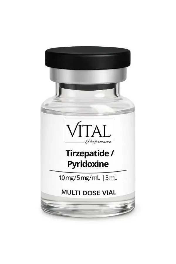A vial labeled 'Vital Performance Tirzepatide / Pyridoxine' containing 10mg/5mg/mL in a 3mL multi-dose vial.