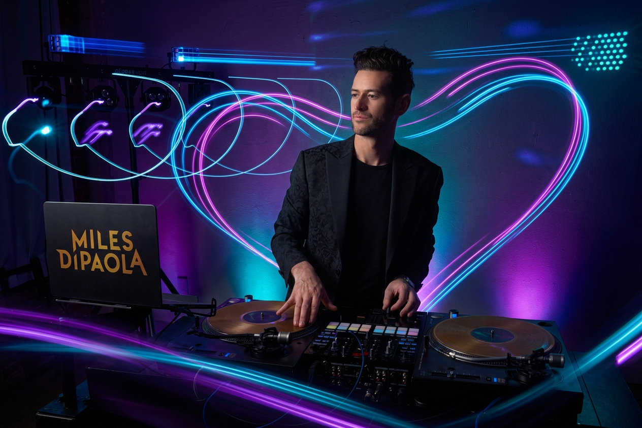 A DJ wearing a black blazer is playing music at a setup with two turntables and a mixer. Neon light trails form a heart shape in the background, creating a vibrant, colorful atmosphere.