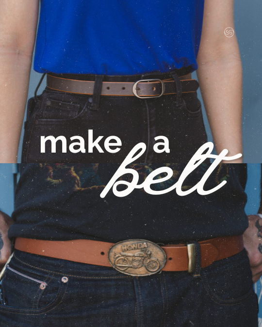 A person wearing a blue top and black jeans with a tan belt, with the words "make a belt" overlaid on the image.