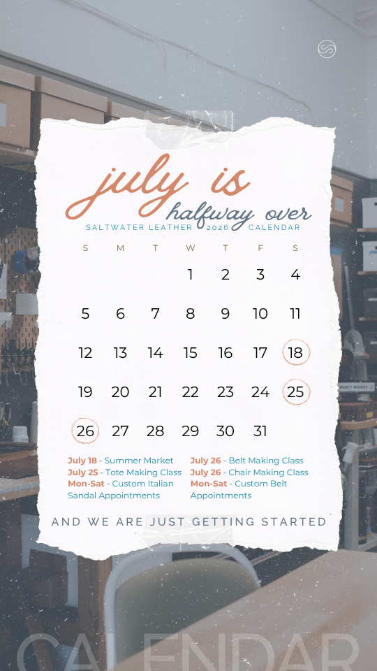 A July calendar for 2026 with scheduled events and appointments for a leather workshop, set against a background of a workspace with shelves and tools.