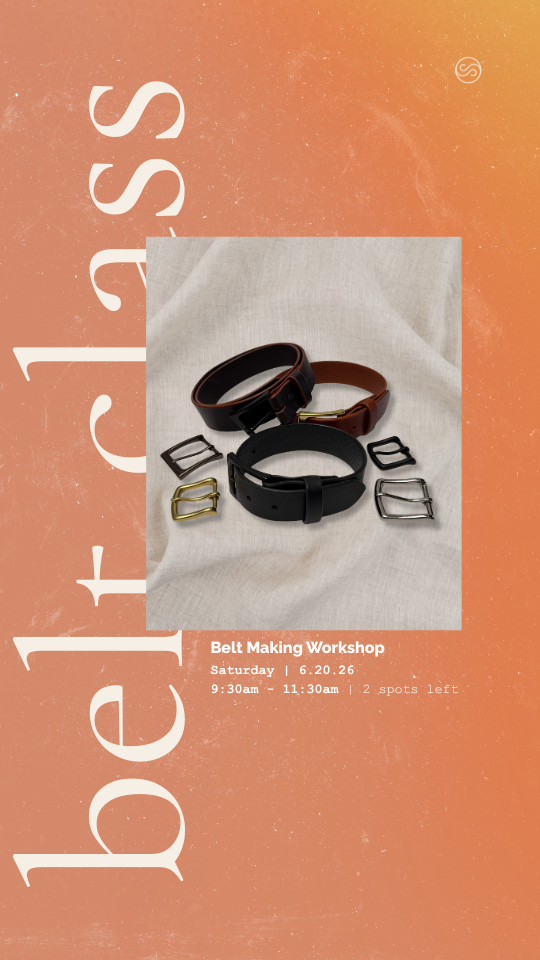 Promotion for a belt making workshop featuring three leather belts with metal buckles on a beige fabric background.