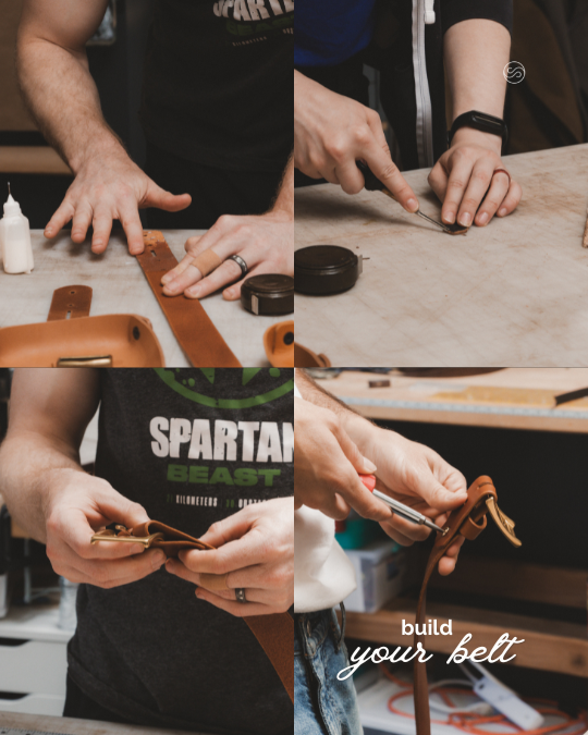 People working on crafting and assembling leather belts in a workshop.