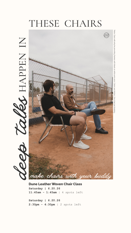 Two men sitting on chairs outdoors near a chain-link fence on a dirt field under cloudy skies, promoting a class on making leather woven chairs.