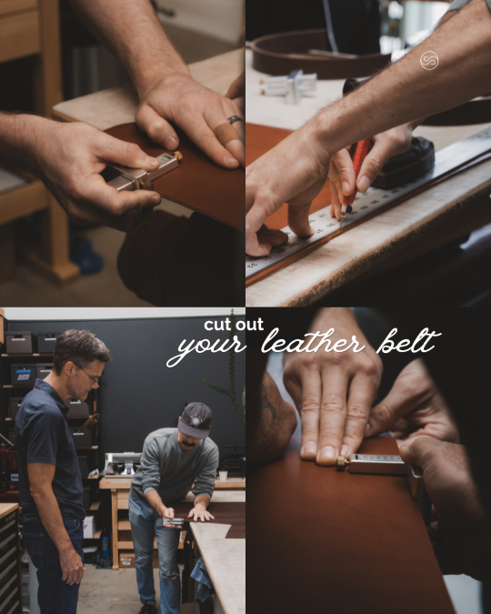 Collage of four images showing leatherworking process. Top left and bottom right images depict hands measuring and cutting leather with a ruler and utility knife. Top right image shows a person marking measurements on leather with a pencil. Bottom left image features two men discussing and working with leather in a workshop, seemingly planning or inspecting the craft.