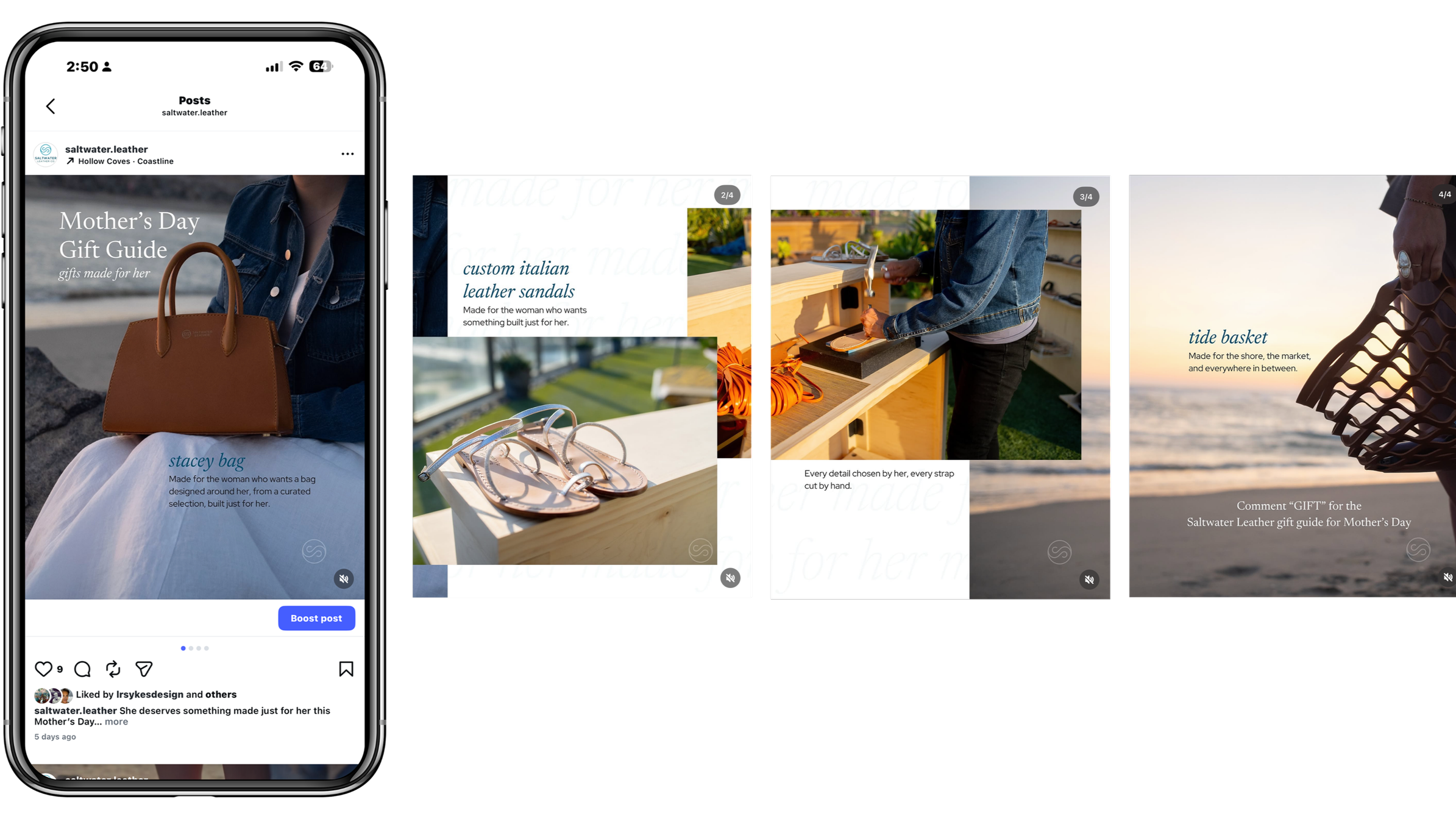 A digital collage of Mother’s Day gift ideas with a focus on leather products, including handbags, sandals, and a woven basket, displayed on a mobile phone screen and digital slides.