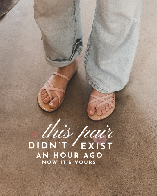 Person wearing light wash jeans and tan sandals standing on a concrete floor with an inspirational quote overlay.