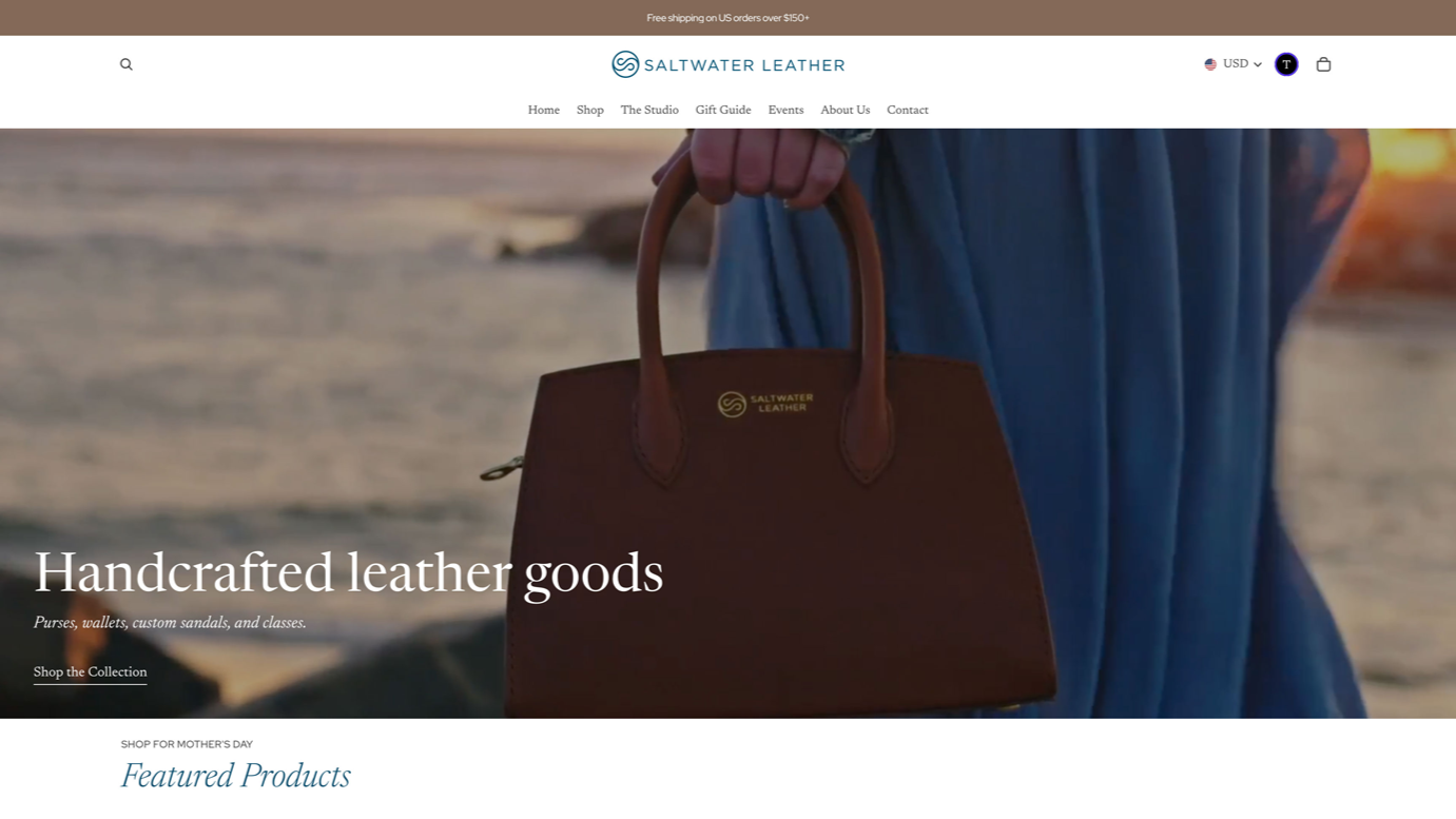 A person holding a brown leather handbag outdoors at sunset, with the Sea Water Leather website header visible at the top of the image.