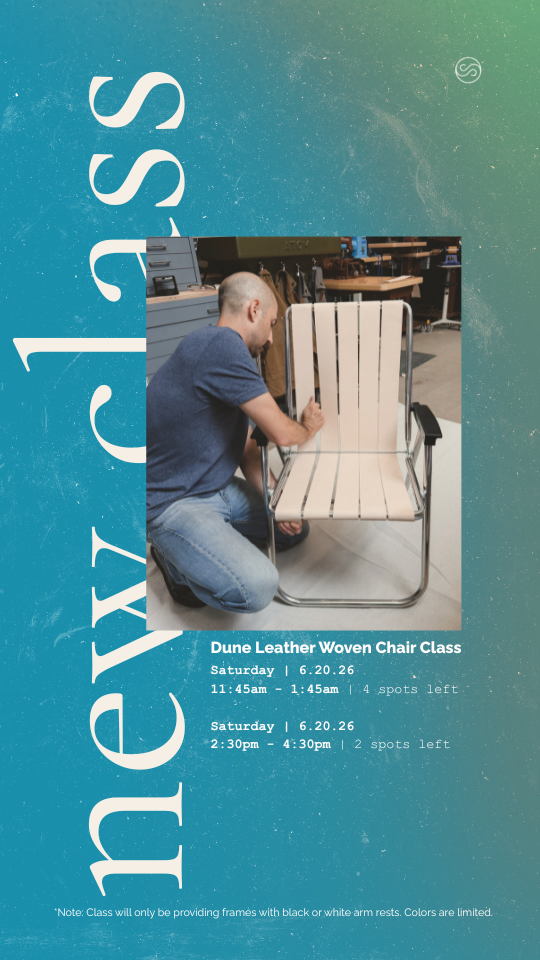 Person assembling a white and beige woven leather chair at a workshop, with workshop tools and furniture in the background, on a promotional class poster.