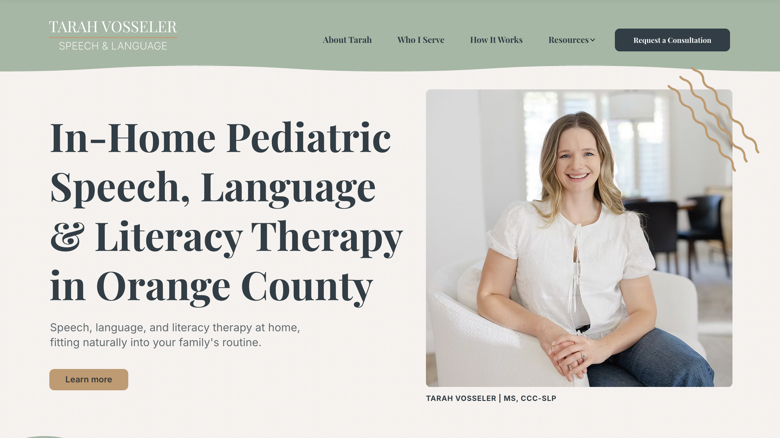 Website homepage for Tarah Vosseler offering in-home pediatric speech, language, and literacy therapy in Orange County. Features a smiling woman in a white blouse sitting in a bright, modern living room.