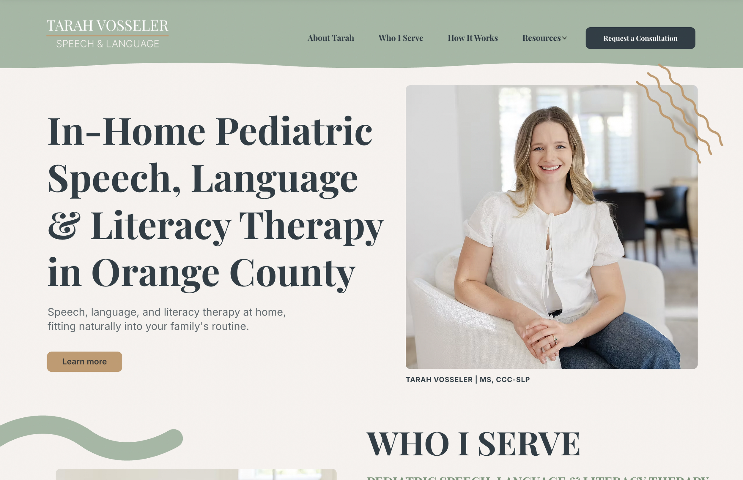 Screenshot of a website homepage for Tarah Vosseler, offering in-home pediatric speech, language, and literacy therapy in Orange County. Features a smiling woman sitting in a well-lit room, with a menu at the top and a "Request a Consultation" button.