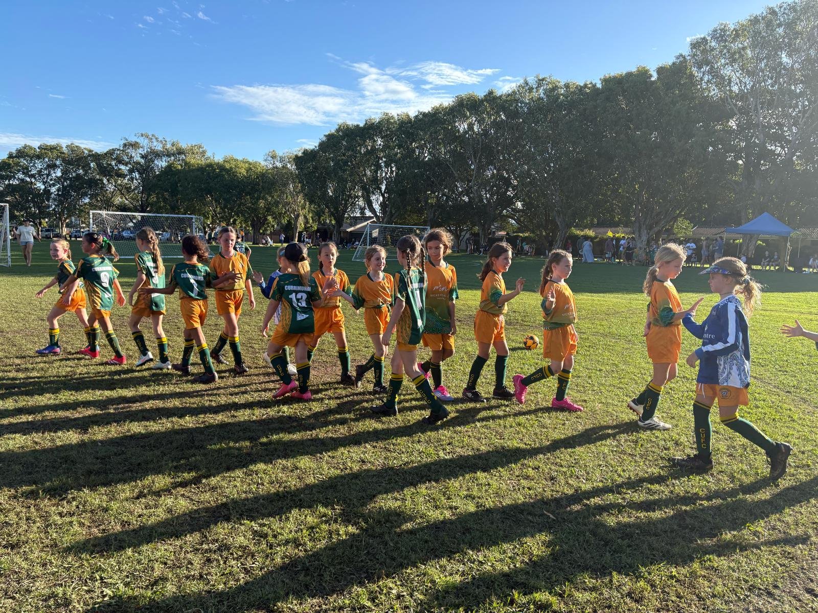 A group of young girls in soccer uniforms shake hands after a game on a grassy field with soccer goals and trees in the background.