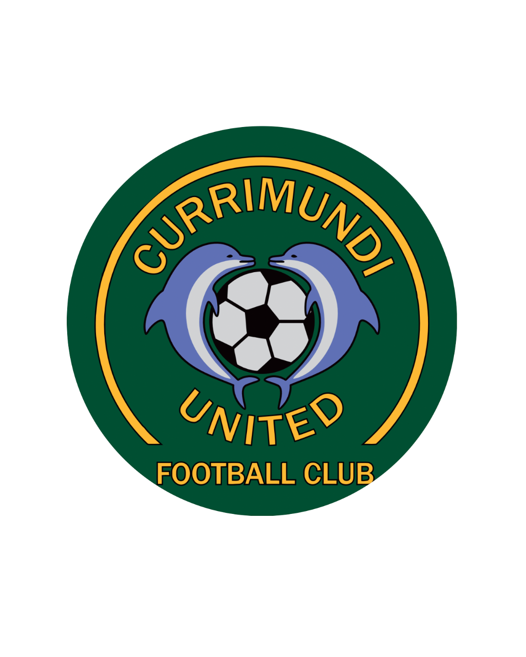 Logo of a football club featuring two dolphins holding a soccer ball with the text "Currimundi United Football Club" on a green background.