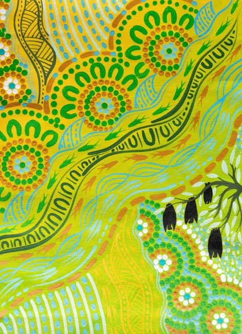 Colorful abstract pattern with swirling green, blue, yellow, and black shapes, resembling a stylized plant or nature scene.