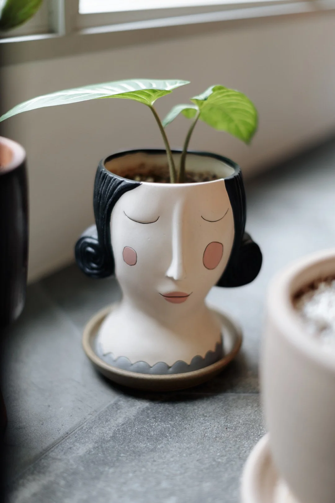 Decorative ceramic planter shaped like a woman's face with black hair, pink cheeks, and closed eyes, containing a plant with green leaves.